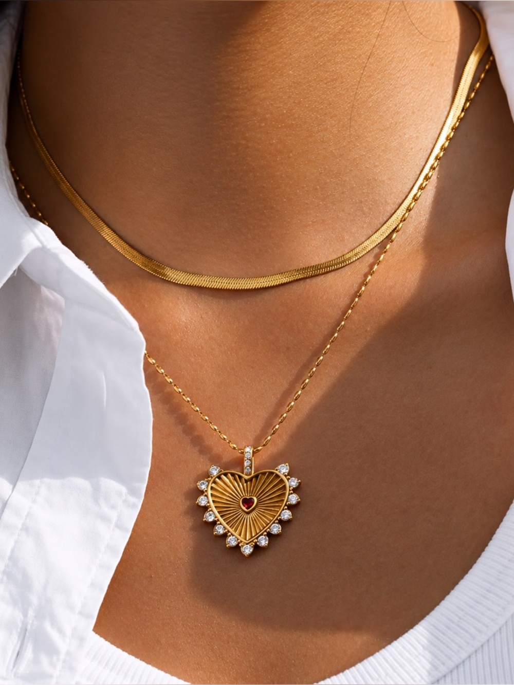 New 18K Gold Plated Layered Heart Necklace Set